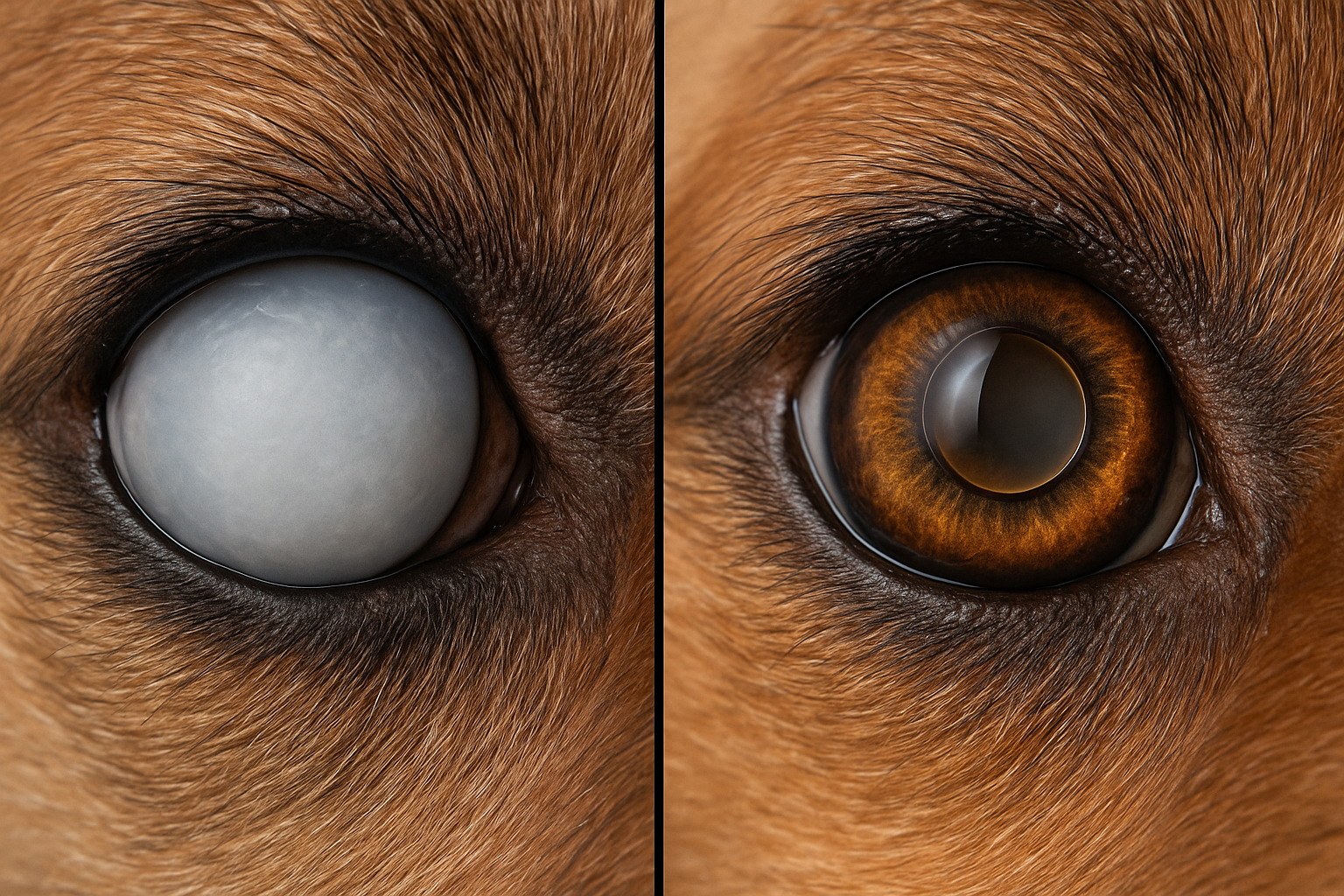 Illustration comparative d’un œil de chien atteint de cataracte et d’un œil opéré avec un implant intraoculaire. À gauche, l’œil présente une opacification blanche et uniforme du cristallin, traduisant une cataracte avancée. À droite, l’œil opéré laisse entrevoir une lentille intraoculaire transparente et permet d’observer clairement le reflet du fond d’œil, signe d’un retour à la transparence optique. Les deux yeux sont entourés de poils bruns caractéristiques du chien, avec un éclairage naturel et une mise au point nette sur les détails oculaires.